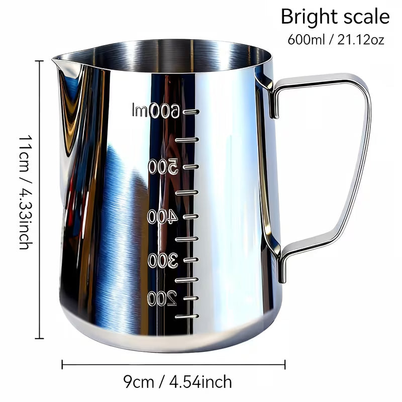 Stainless steel TEMU milk frothing pitcher with a handle, ideal for steaming and pouring milk for coffee drinks.