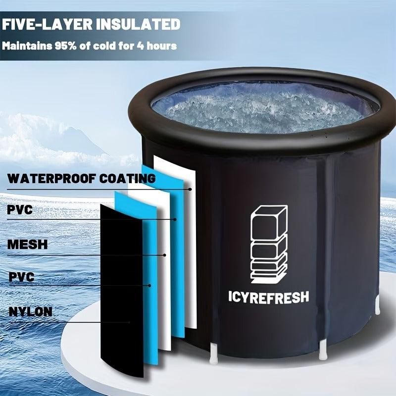 XL portable ice bath tub with storage bag by TEMU, showing a large, durable plastic tub designed for cold therapy and easy transport.