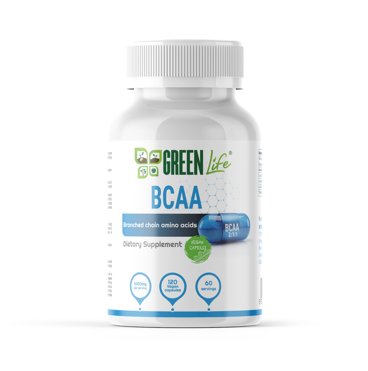 Green Life, BCAA 2:1:1, 1000mg, 90 servings, 120 vegan capsules| 60 Servings
