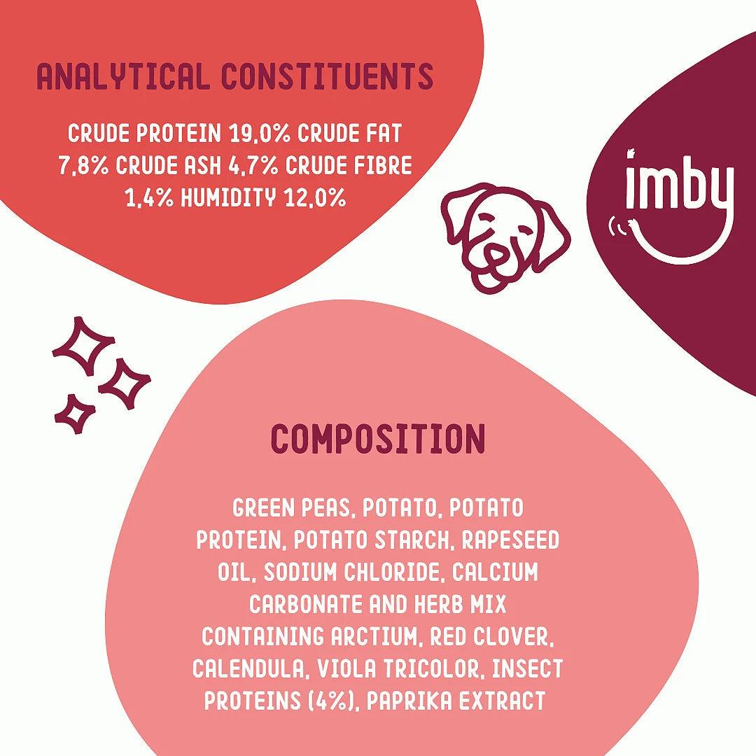 IMBY Skin & Coat dog supplement in a 100g package, natural ingredients for healthy skin and shiny coat.