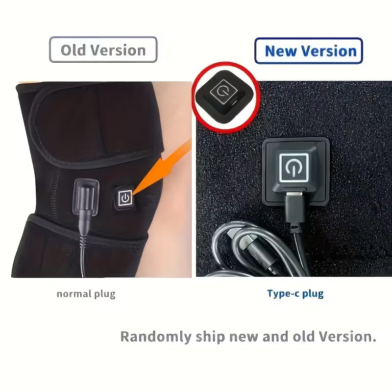 Heated USB knee massager from TEMU showing a black knee wrap with control buttons, designed for comfort and relaxation at home.