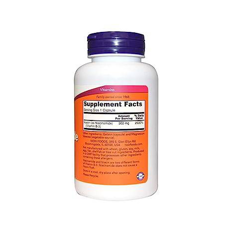 MKSTAVRINOS NOW Niacinamide 500mg capsules, 100-count supplement bottle with white capsules shown in the image.