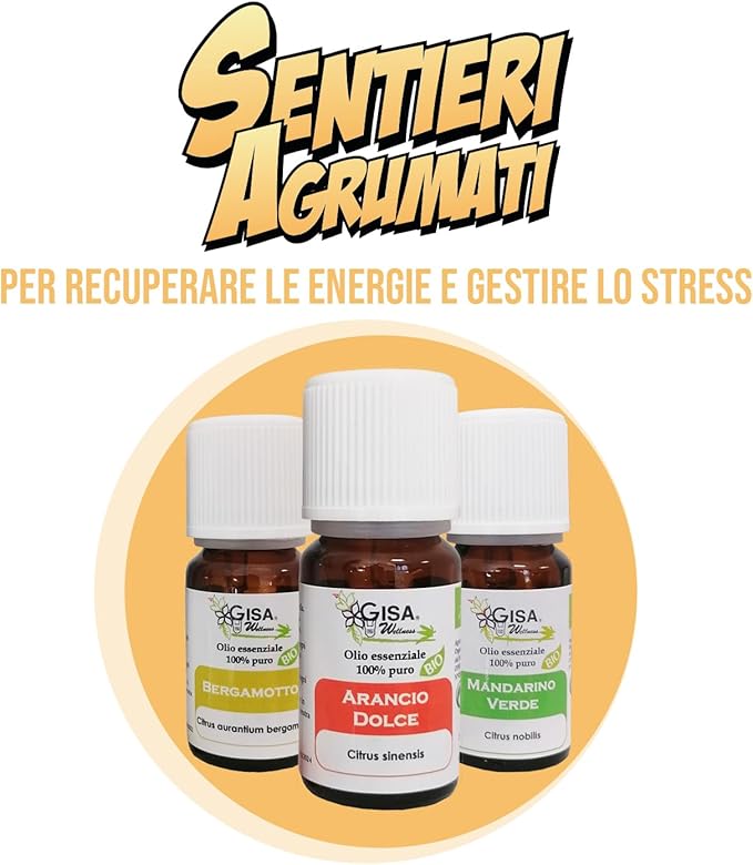 Gisa Wellness - SENTIERI AGRUMATI - Kit di 3 Oli Essenziali da [5ml] - 100% puri,naturali e BIO di Bergamotto, Arancio Dolce e Mandarino Verde - per Aromaterapia - Benessere e Relax - Made in Italy