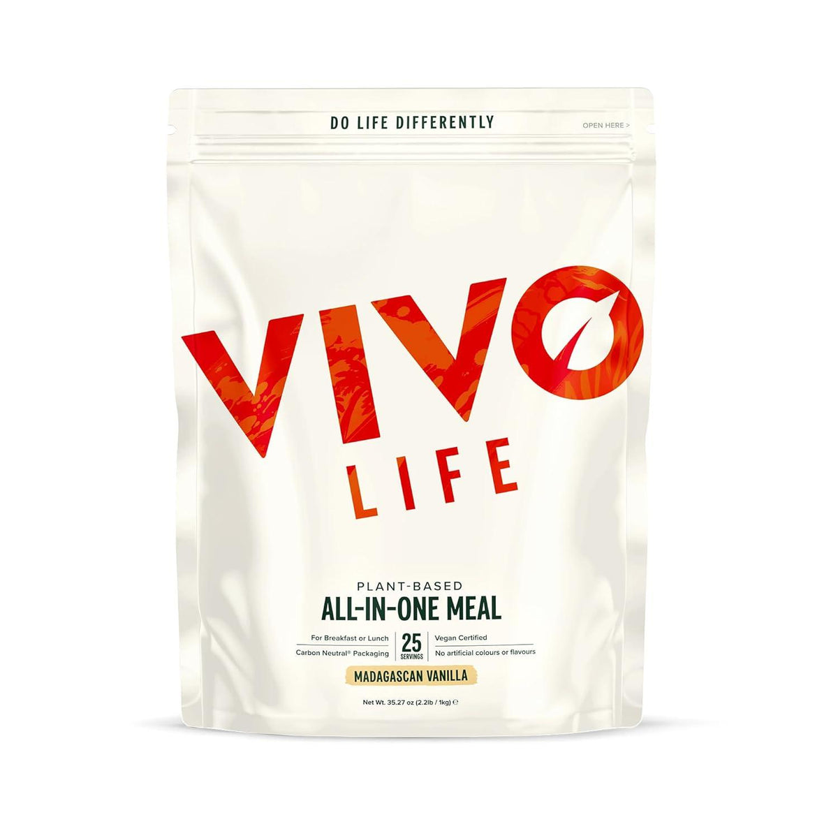 Vivo Life Whole Plant-Based Nutritional Shake supplement in a container, showing colorful label and scoop of powder inside