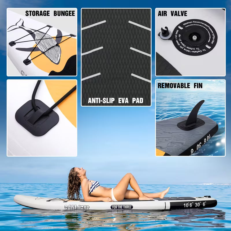 Inflatable TEMU stand-up paddleboard designed for beginners, children, and adults, shown inflated on water.