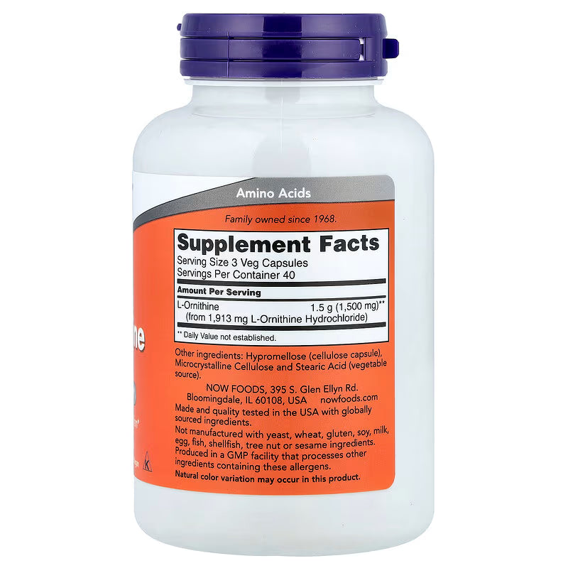 MKSTAVRINOS NOW Foods L-Ornithine 500 mg vegan capsules, 120 count, supplement for amino acid support