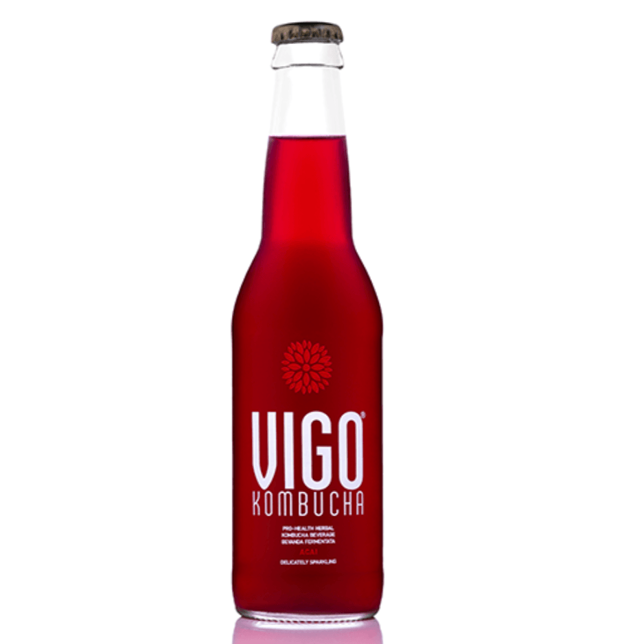 Herbalistas VIGO Kombucha Lightbrew Acai tea in 330ml bottle, with a vibrant label and fresh acai berries in the background.