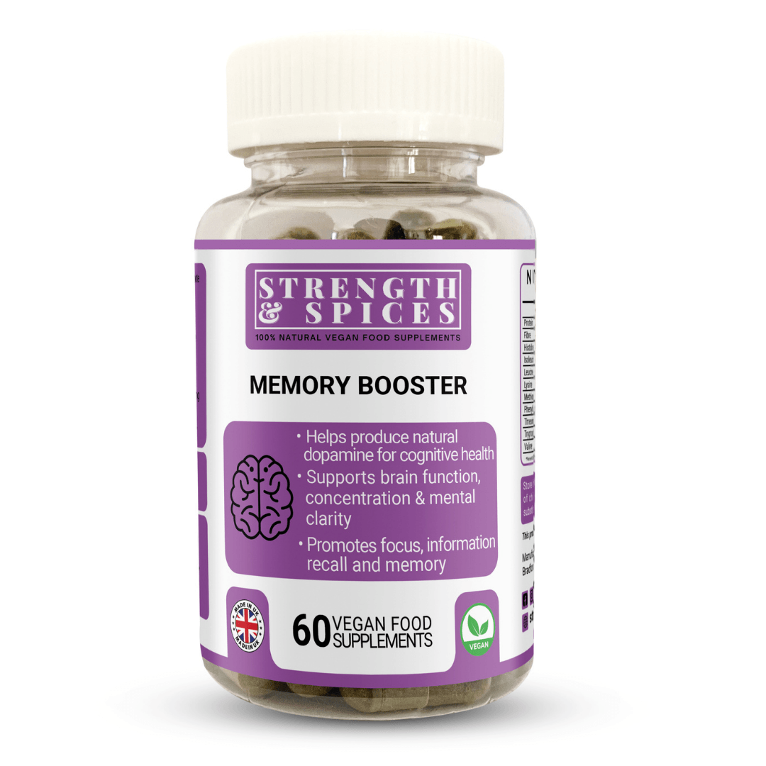 Bottle of Strength & Spices Memory & Brain Support supplement with 60 capsules, featuring 1000mg formula for cognitive health.