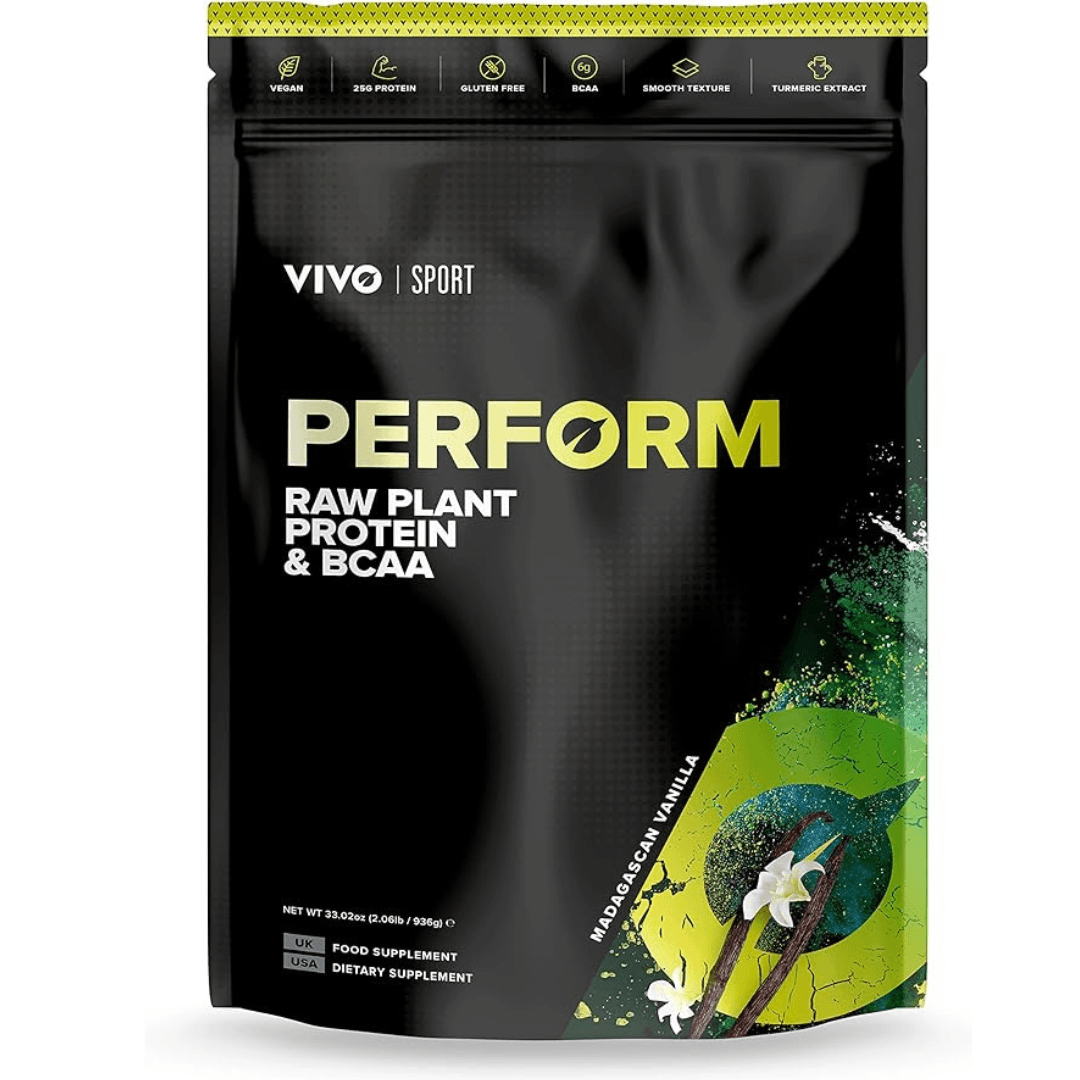 Large container of Vivo Life PERFORM Raw Plant Protein & BCAA protein powder with a clean, modern design and vibrant label.