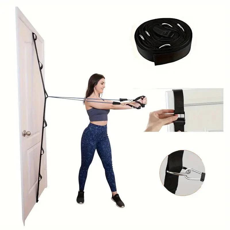 TEMU space-saving resistance band door anchor for fitness equipment, shown attached to door for strength training exercises.