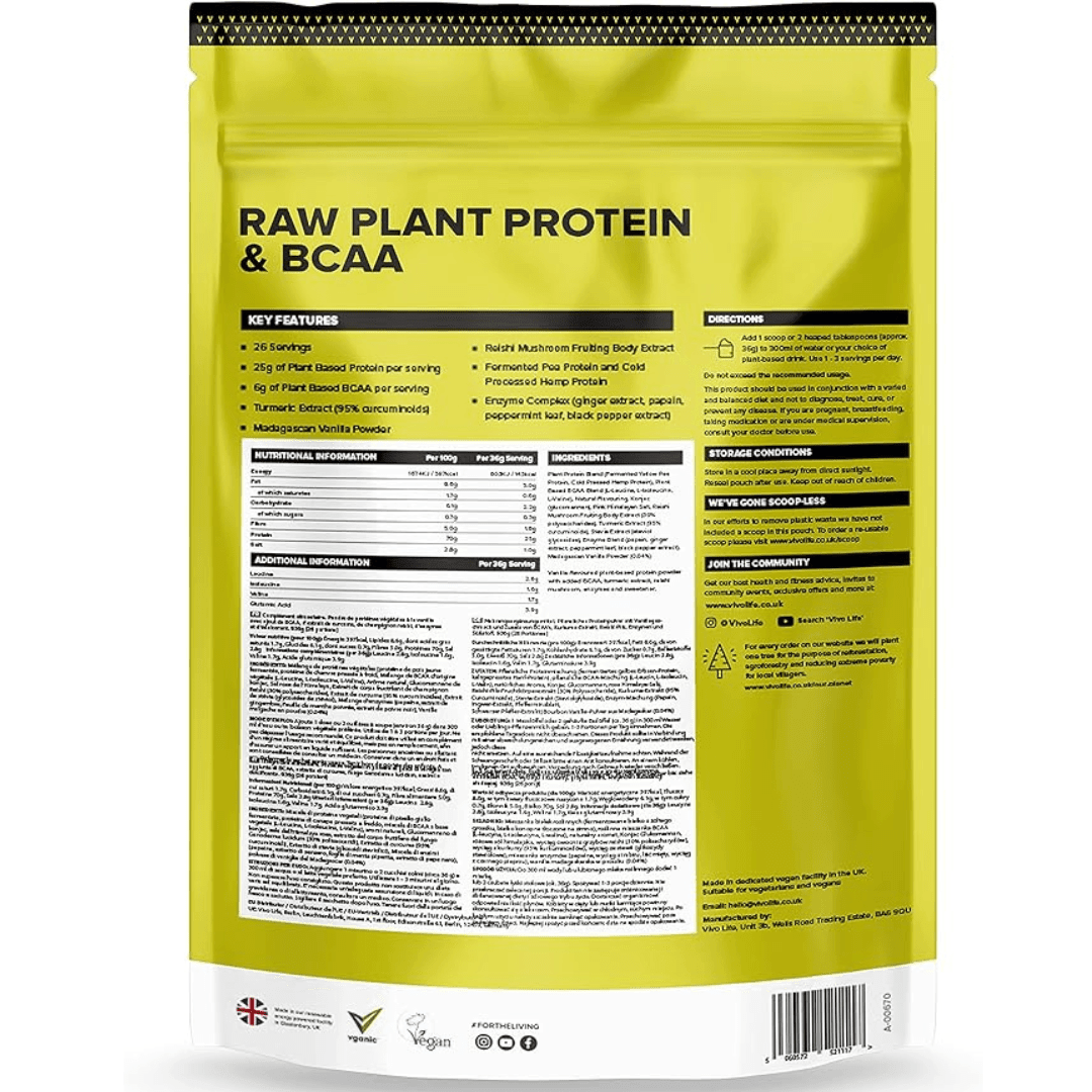Large container of Vivo Life PERFORM Raw Plant Protein & BCAA protein powder with scoop for athletic recovery and plant-based nutrition.