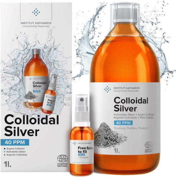 Herbalistas Institut Katharos Premium Colloidal Silver 40ppm hygiene spray in a 500mL bottle, clear liquid with a spray nozzle.