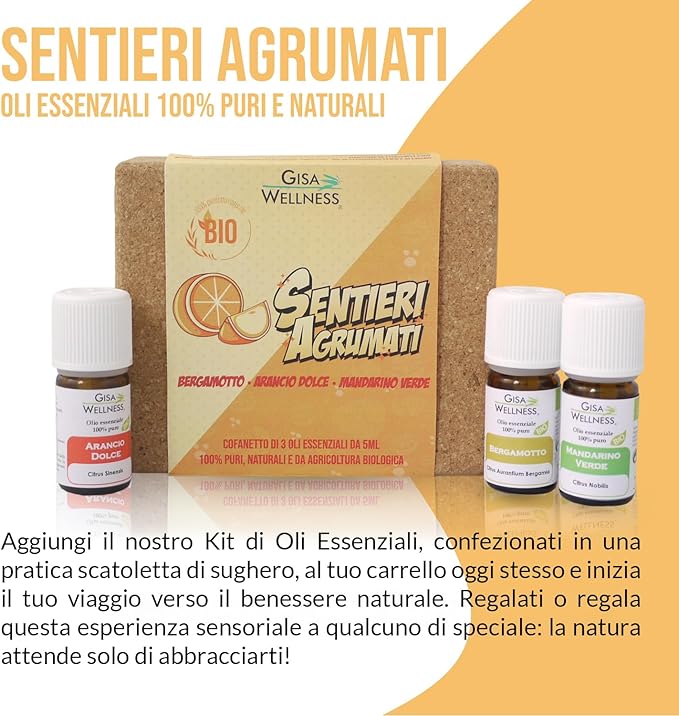 Gisa Wellness - SENTIERI AGRUMATI - Kit di 3 Oli Essenziali da [5ml] - 100% puri,naturali e BIO di Bergamotto, Arancio Dolce e Mandarino Verde - per Aromaterapia - Benessere e Relax - Made in Italy