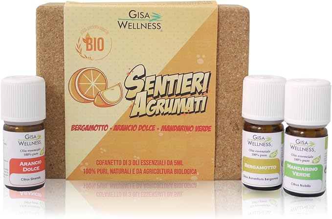 Gisa Wellness - SENTIERI AGRUMATI - Kit di 3 Oli Essenziali da [5ml] - 100% puri,naturali e BIO di Bergamotto, Arancio Dolce e Mandarino Verde - per Aromaterapia - Benessere e Relax - Made in Italy