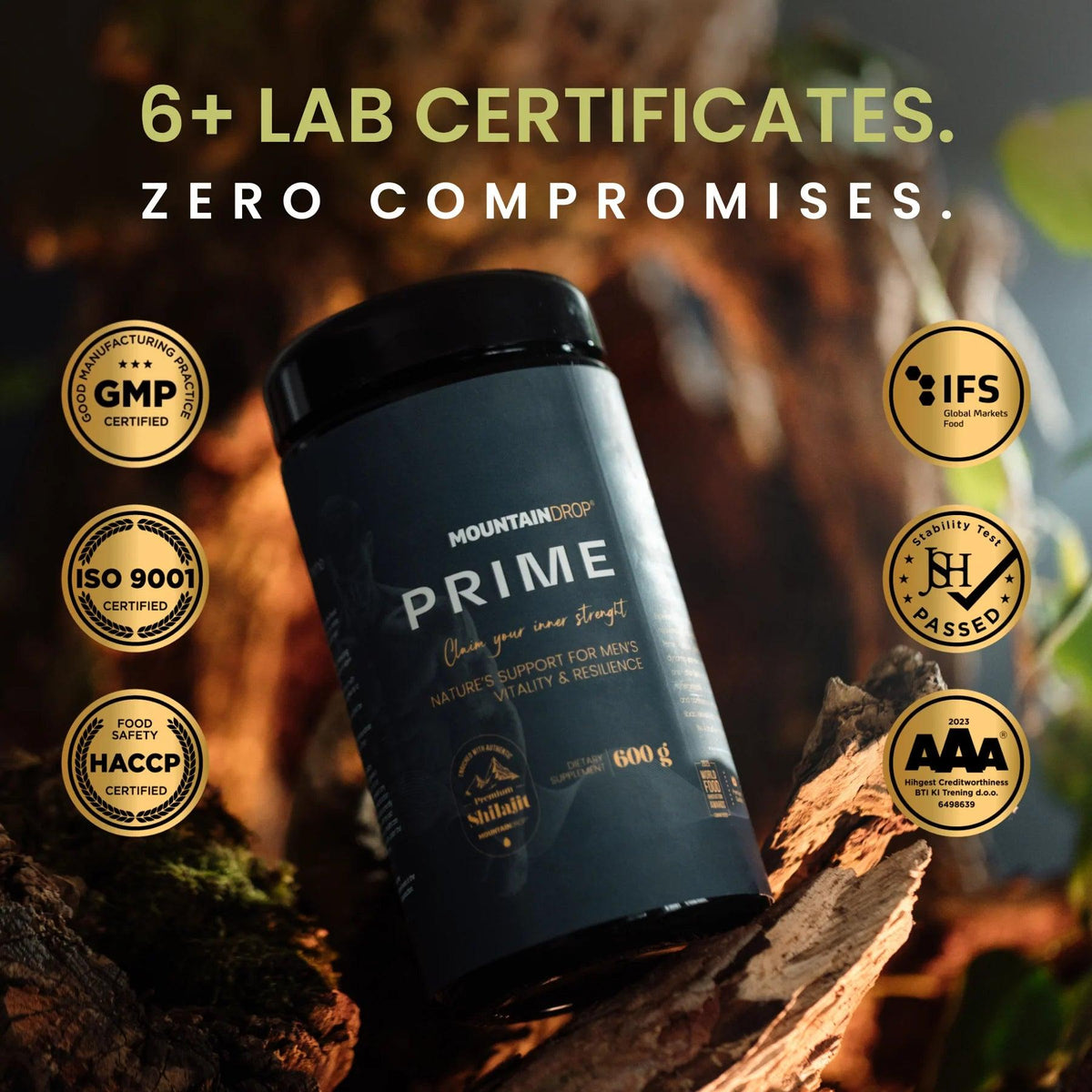 Herbalistas Mountaindrop Prime natural testosterone booster supplement 600g jar with label and product branding.