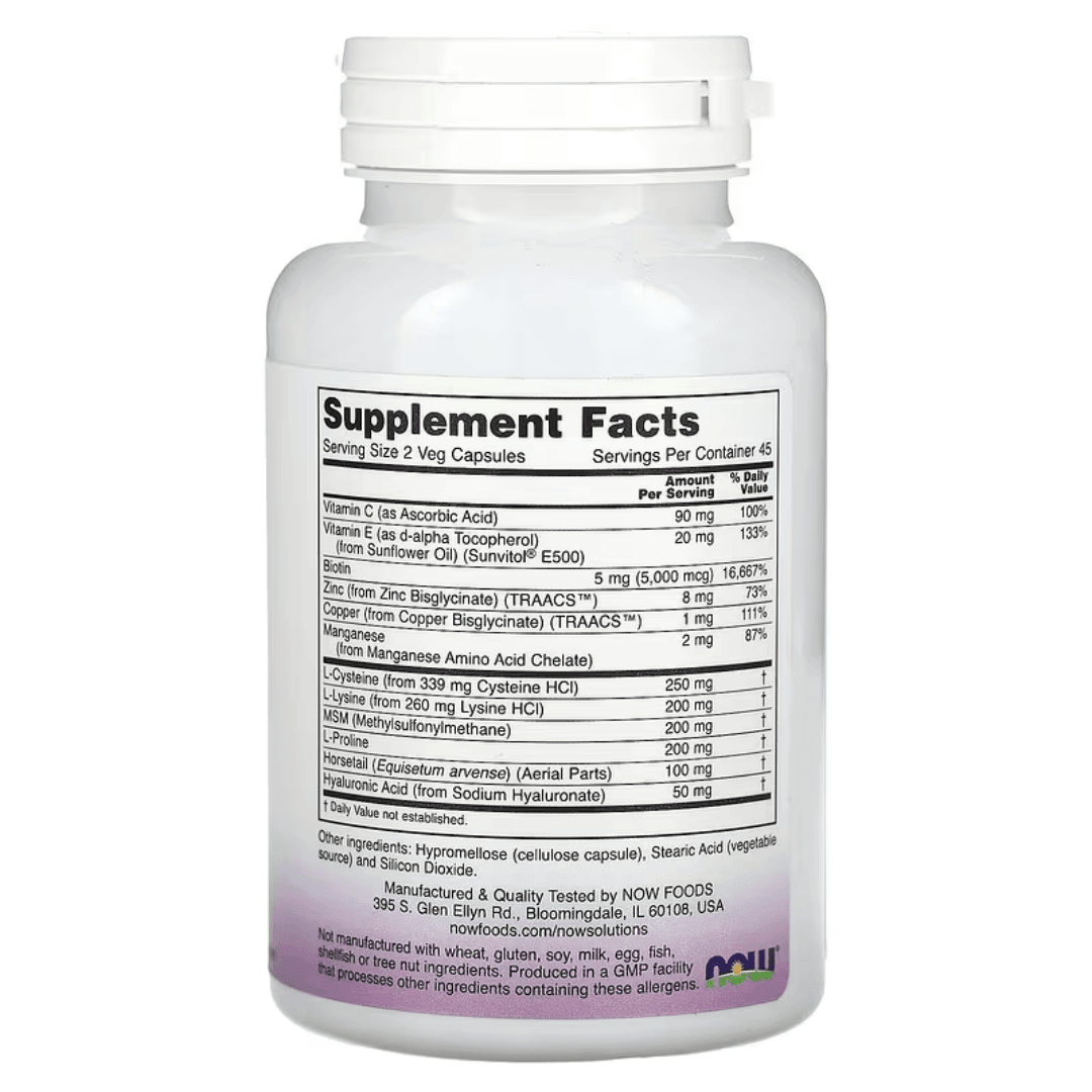 Old Products NOW Foods Vegan Hair, Skin & Nails supplement capsules in a clear bottle with a white label and green accents.