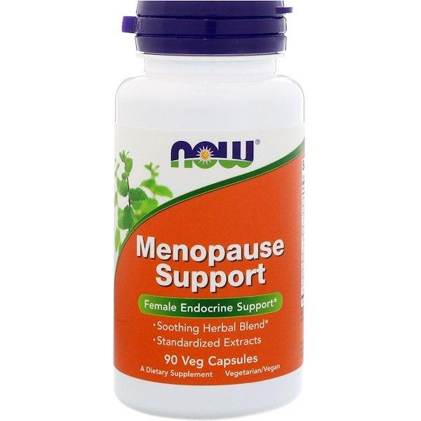 Now Foods Menopause Support supplement in 90 vegetarian capsules, showing the bottle with label and capsules inside.