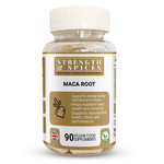 Bottle of Strength & Spices Maca Root 700mg supplement capsules, showing the label and 90 capsules in a clear container.