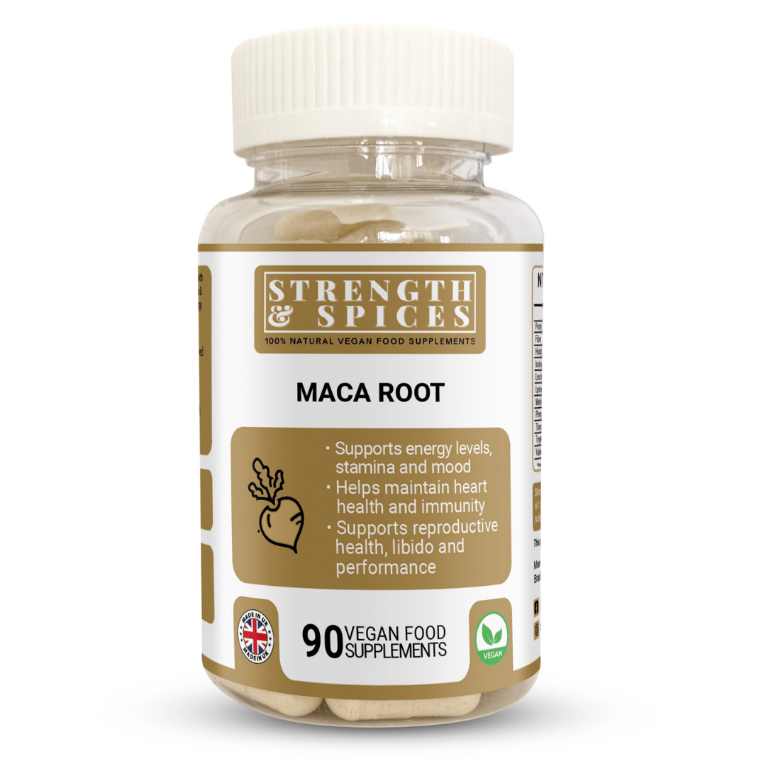 Bottle of Strength & Spices Maca Root 700mg supplement capsules, showing the label and 90 capsules in a clear container.
