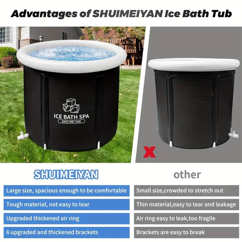 Large portable ice bath tub with insulated cover, TEMU accessory for cold therapy and recovery.