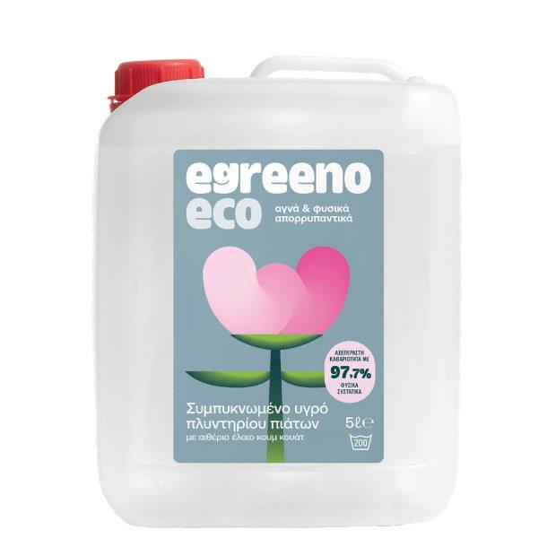 Egreeno Eco Dishwasher Liquid with Kumquat Essential Oil in 5L bottle, designed for eco-friendly kitchen cleaning.
