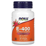 Old Products NOW Foods E-400 Vitamin E supplement in 50 softgels, showing the softgel capsules in a clear bottle.