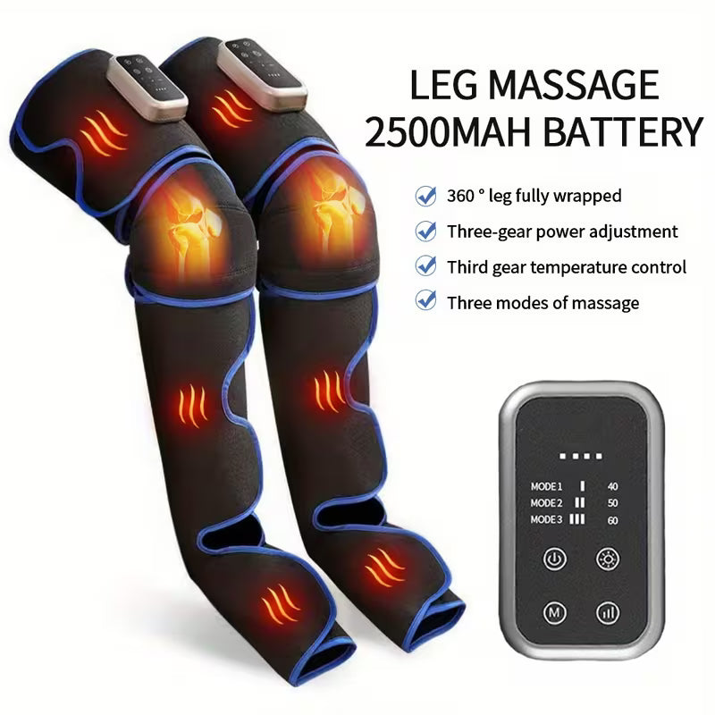 Electric full-leg wrapping massager from TEMU with adjustable intensity and heat therapy, shown wrapped around legs for relaxation.