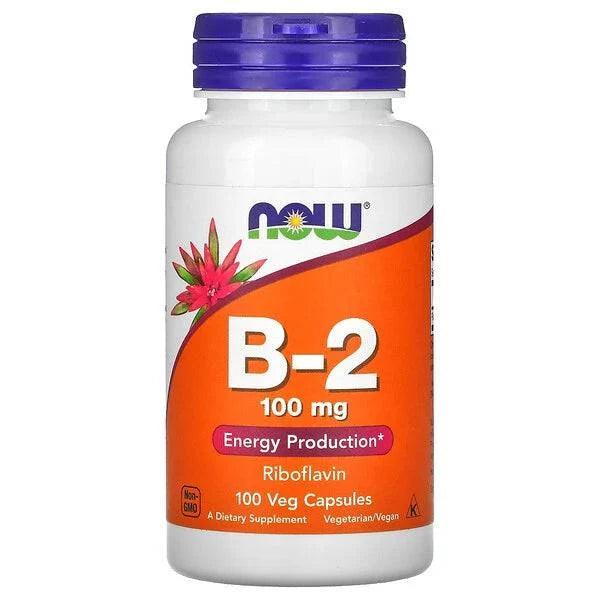 NOW Foods B-2 vitamin supplement bottle with 100 capsules, featuring the MKSTAVRINOS brand label and product packaging.