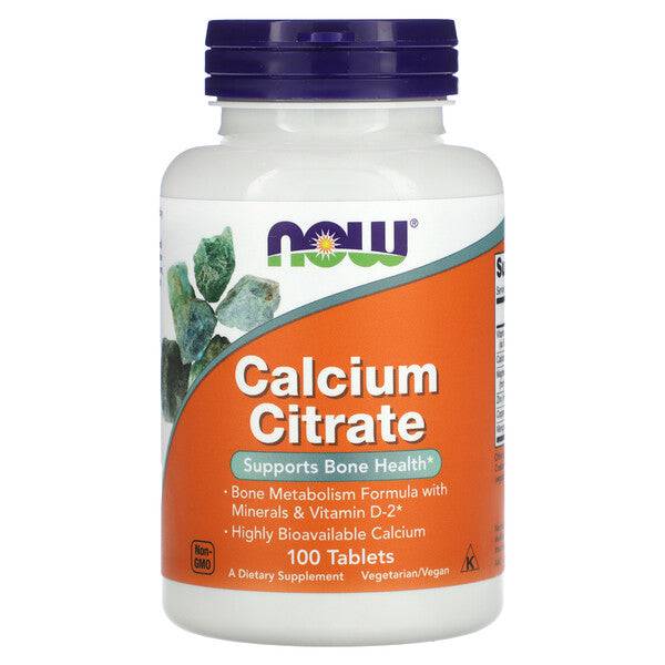 Supplements bottle with NOW Foods Calcium Citrate 100 tablets, dietary supplement for bone health and calcium intake.