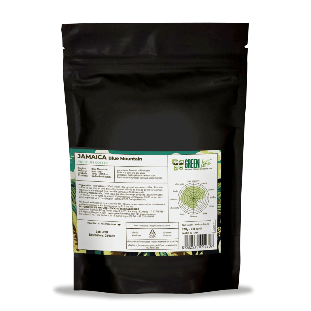 Green Life Premium Jamaica Blue Mountain Coffee package by LA TOSTERIA, 250g, with coffee beans visible.