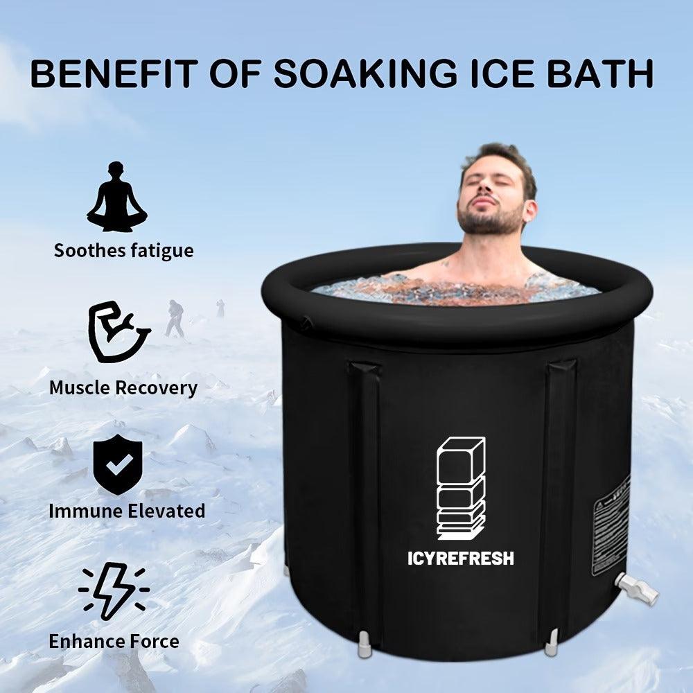 XL portable ice bath tub with storage bag by TEMU, featuring a large insulated tub for cold therapy and easy transport.