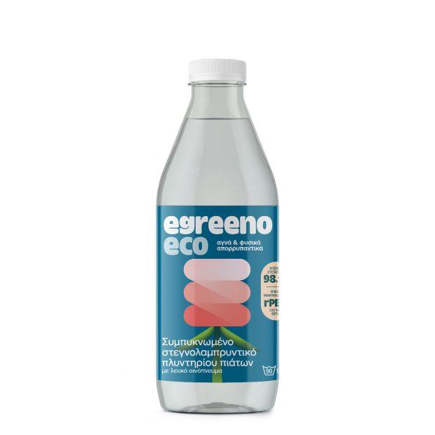 Egreeno Eco concentrated dishwasher rinse aid in 1L bottle, white alcohol formula for 90 washes, ideal for sparkling clean dishes.