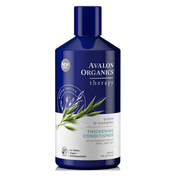 Herbalistas Avalon Organics Biotin B-Complex Thickening Conditioner with oat extract in a 14oz bottle, suitable for hair strengthening and volume.