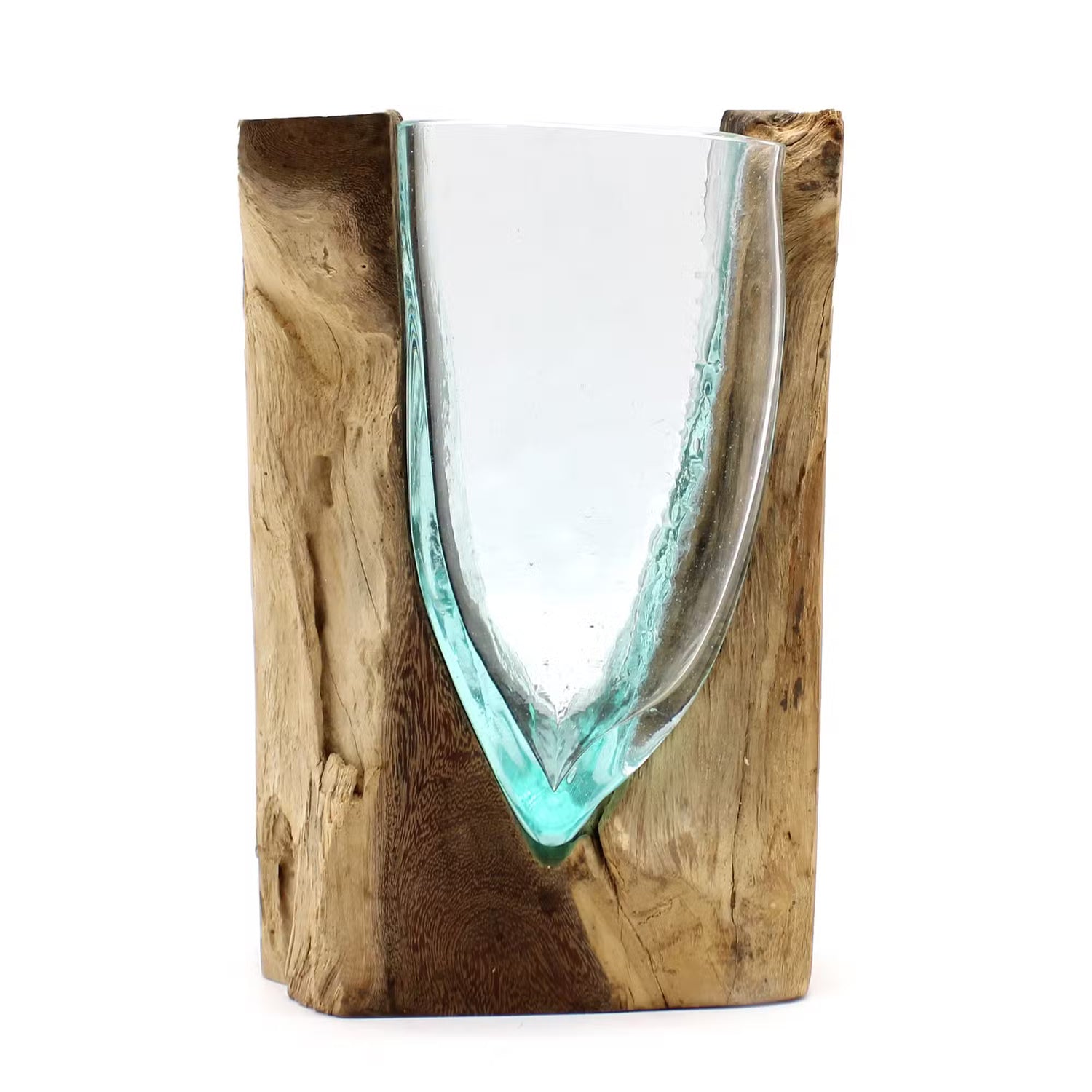 Molten Glass V-Shaped Art Vase on Gamal Wood