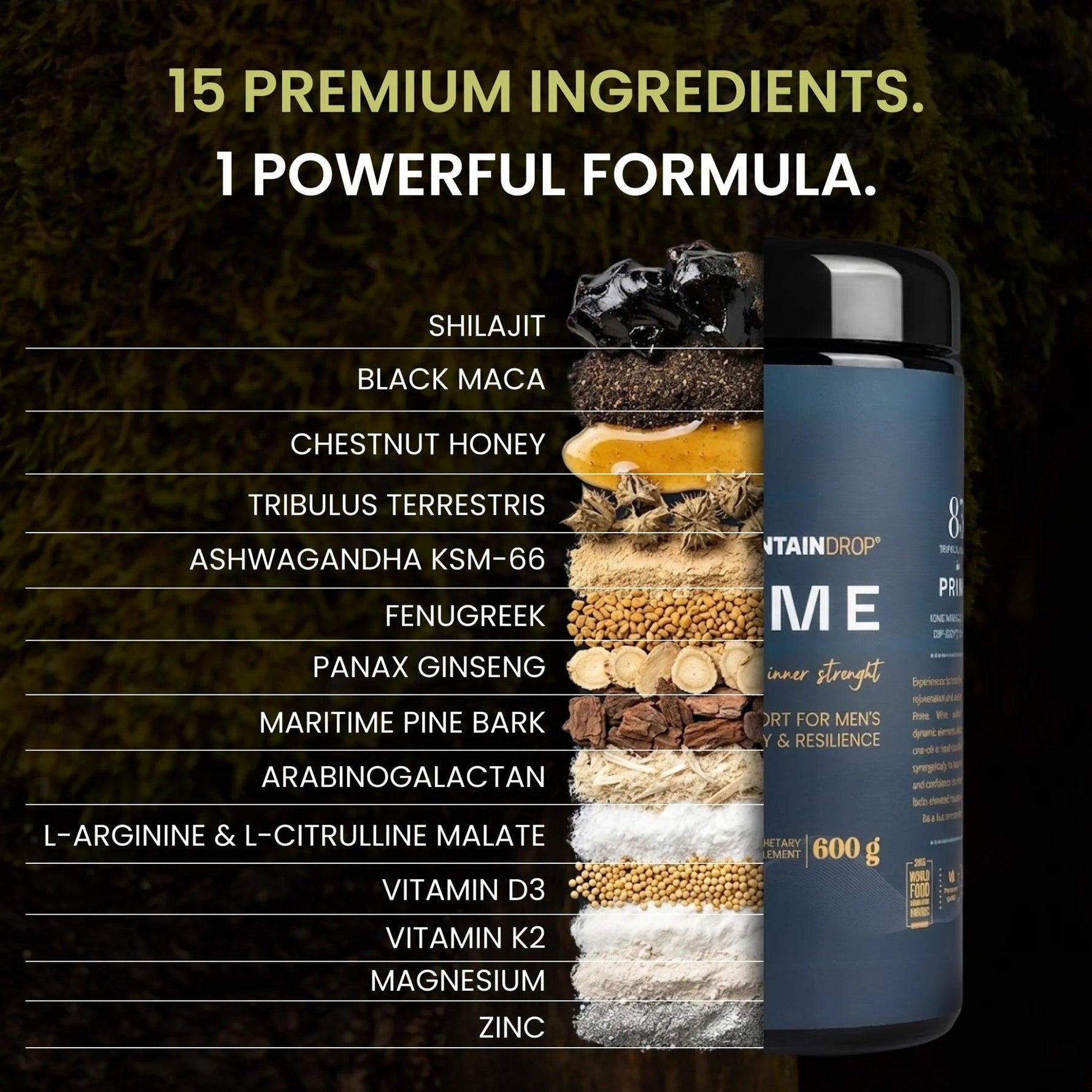 Herbalistas Mountaindrop Prime natural testosterone booster supplement in 600g container with label and product details.