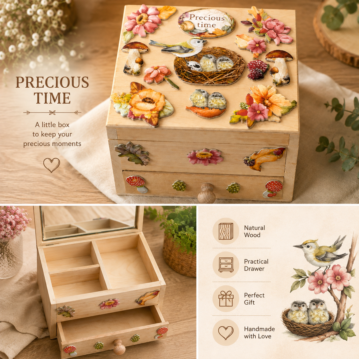 Handmade “Precious Time” Wooden Jewellery & Keepsake Box – Created by a Young Artist