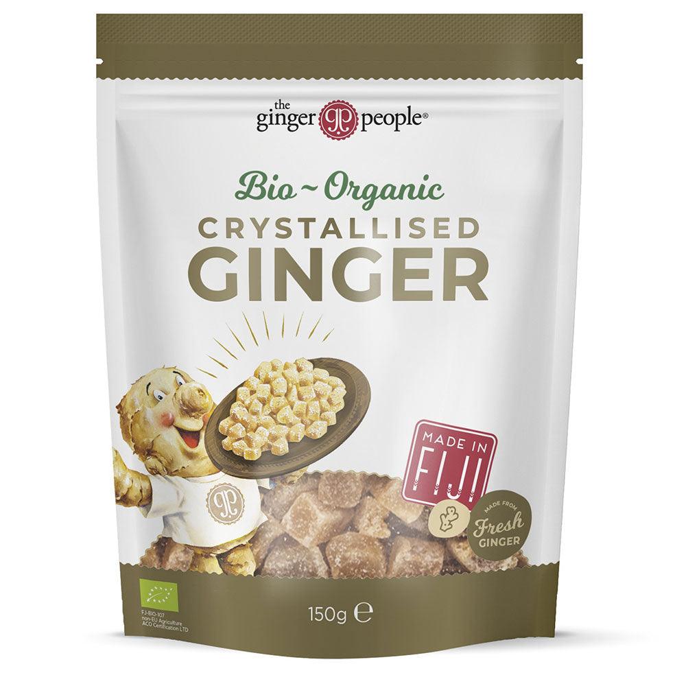 Organic crystallised ginger from The Ginger People, 150g box, shown in front of the package with fresh-looking, candied ginger pieces.