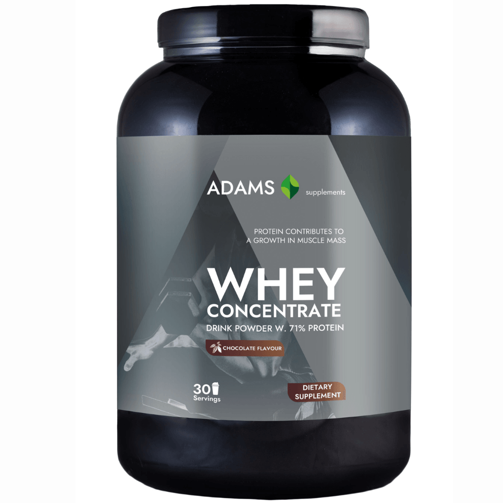 Adams Supplements whey concentrate protein powder in a 908g container, showcasing the label and product packaging.