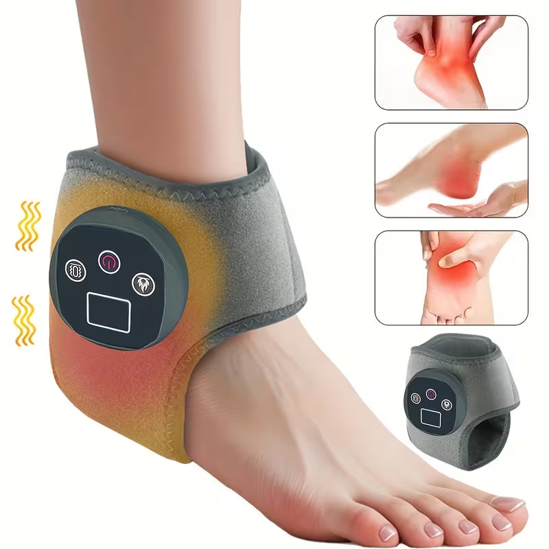 TEMU adjustable ankle heating and vibration massager with USB charging, showing control buttons and heating level indicators.
