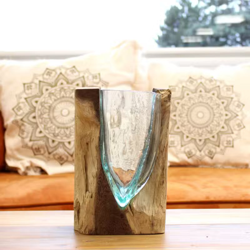 Molten Glass V-Shaped Art Vase on Gamal Wood