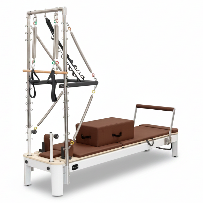 Aluminium Pilates Reformer with Tower, Brown Leather