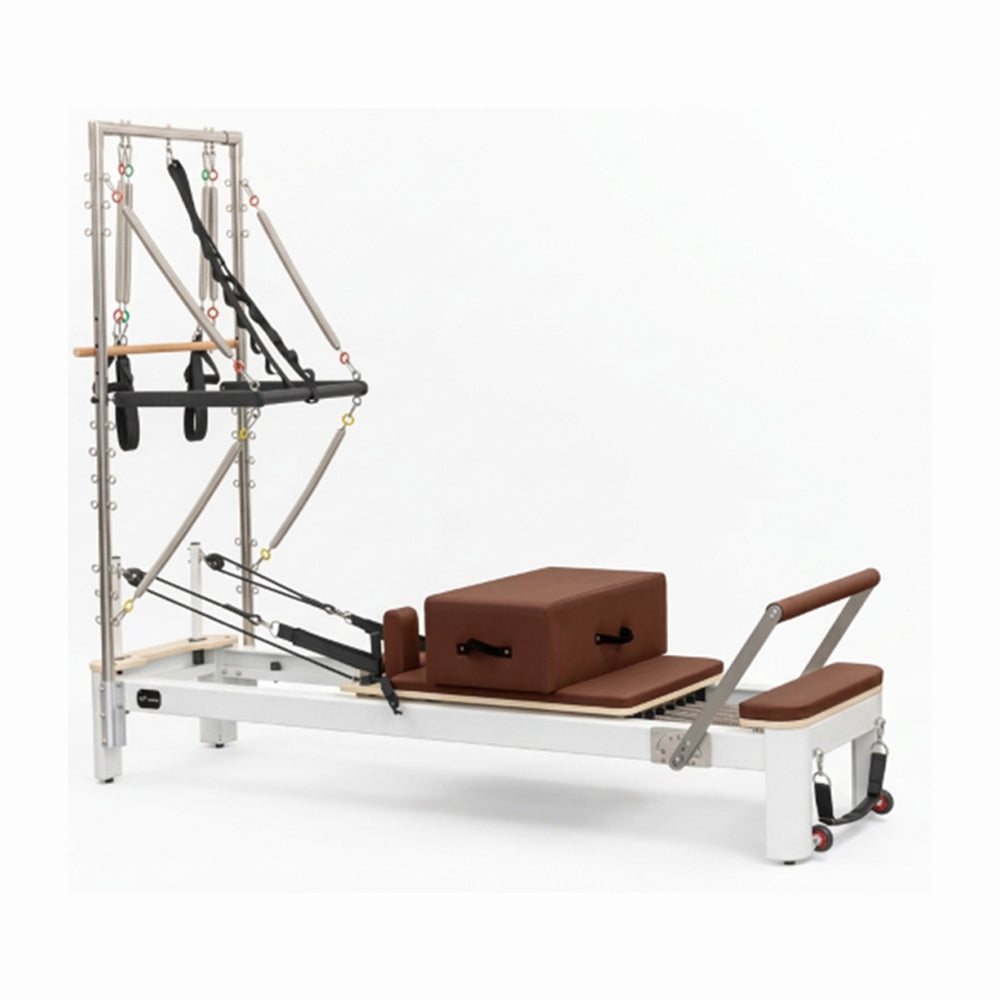 Aluminium Pilates Reformer with Tower, Brown Leather