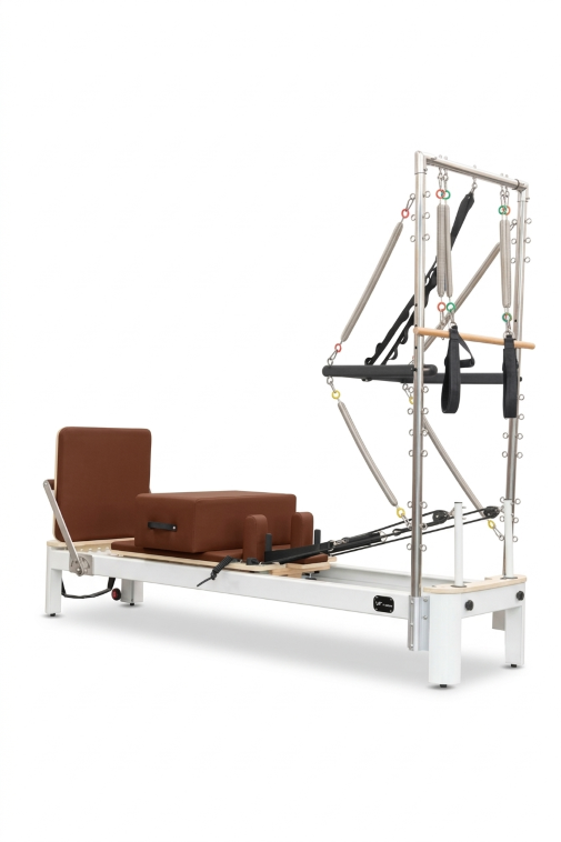 Aluminium Pilates Reformer with Tower, Brown Leather