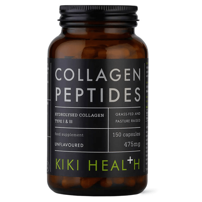 Herbalistas Kiki Health grass fed collagen peptides supplement in a bottle of 150 vegicaps with a natural health theme.