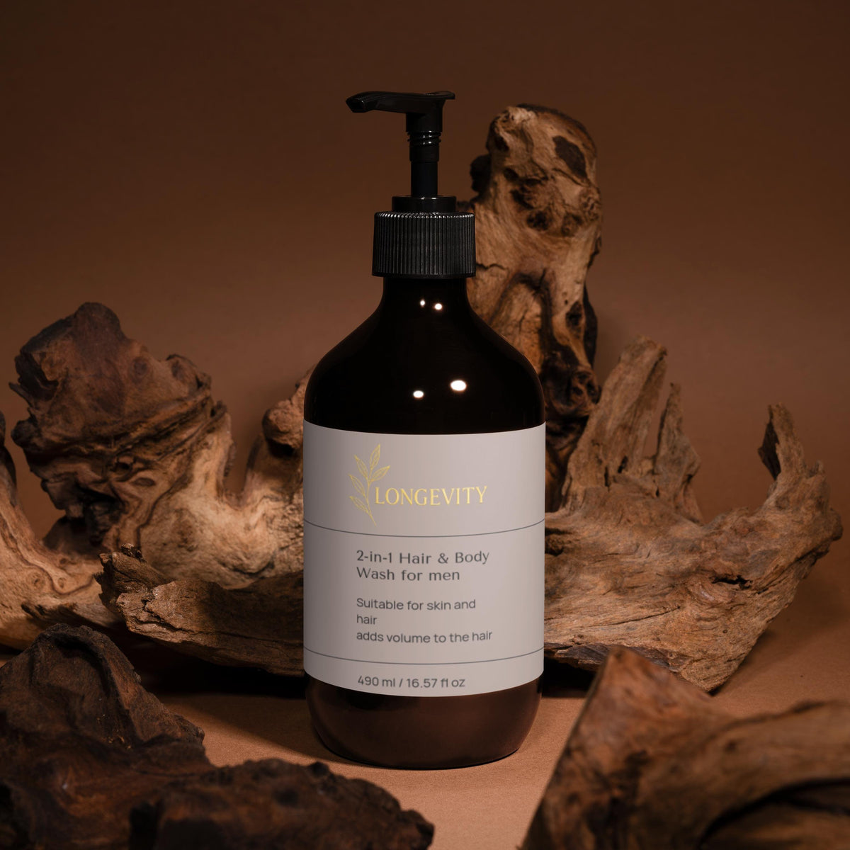 SELNAMED Longevity 2-in-1 hair and body wash for men, brown bottle, 490ml, with natural ingredients and revitalizing formula.