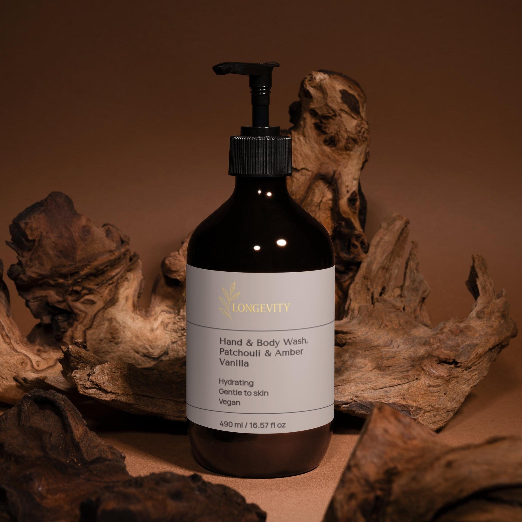 SELFNAMED Longevity Hand & Body Wash with Patchouli and Amber Vanilla in a 490 ml bottle, featuring a brown packaging design.