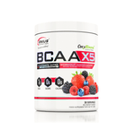 Genius Nutrition BCAA-X5 supplement in 360g red energy flavor, showing the container with the label and product branding.