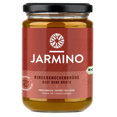 Jarmino organic beef bone broth in a 350ml jar, rich in collagen and nutrients, showcasing the nutrient-rich beef broth in a glass jar.