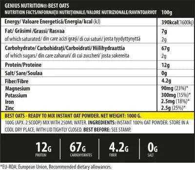 Organic BestOats superfood from Genius Nutrition in a 1000g package, showcasing a bowl of oats with fresh toppings.