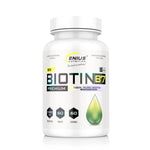 Genius Nutrition Biotin B7 supplement bottle with 60 tablets, close-up of label showing product details.